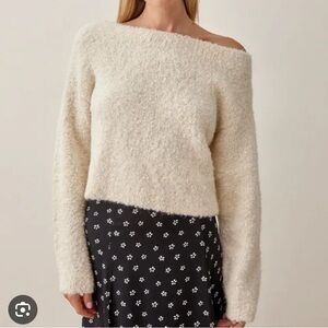 Reformation Cream Off-Shoulder Bouclé Sweater